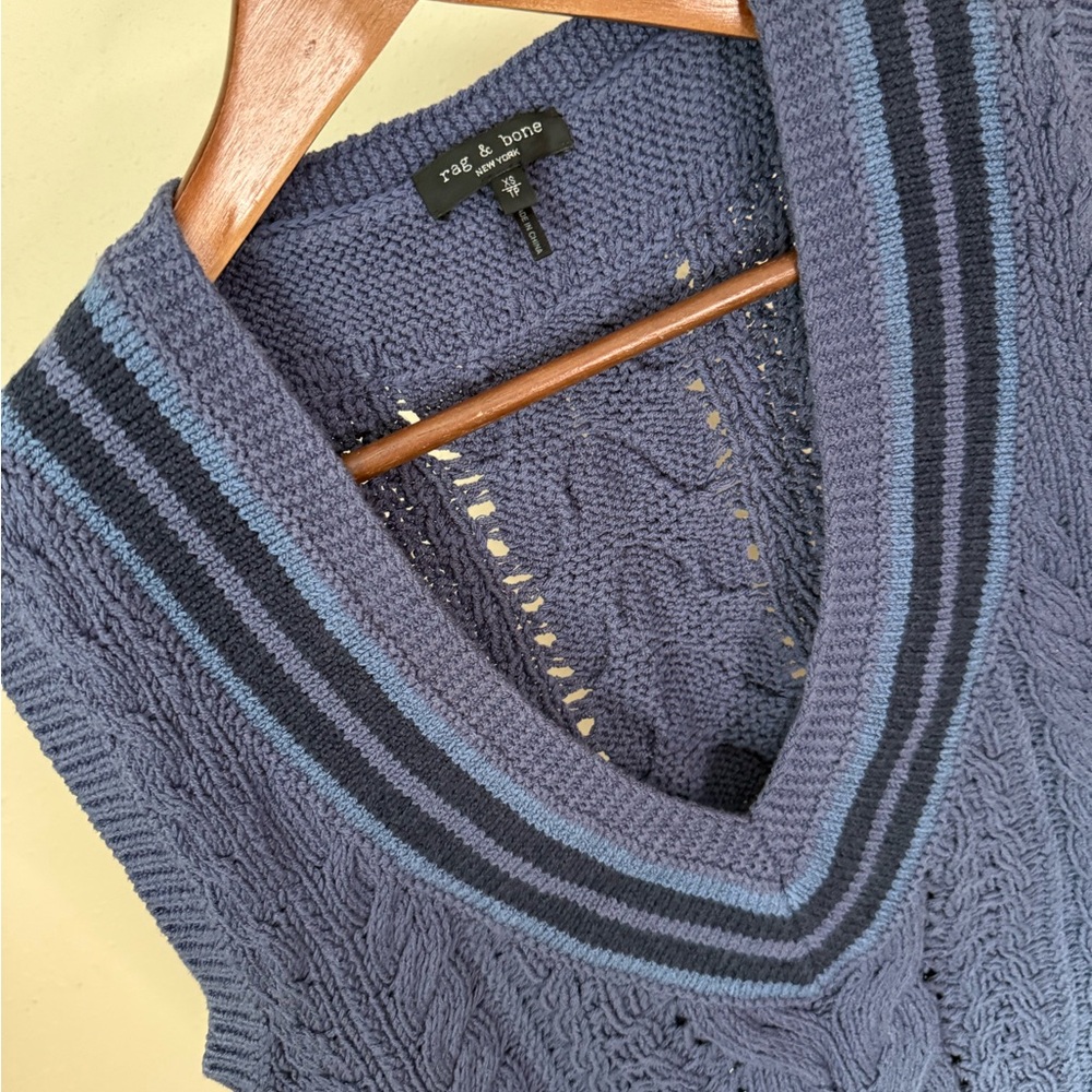 rag & bone Cable Knit Sweater Vest | Blue Contrast | XS | Preppy Academia - Picture 9 of 16